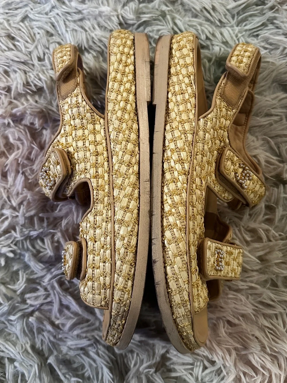 Chanel Authentic Raffia Pearl Velcro Dad Sandals Size 41